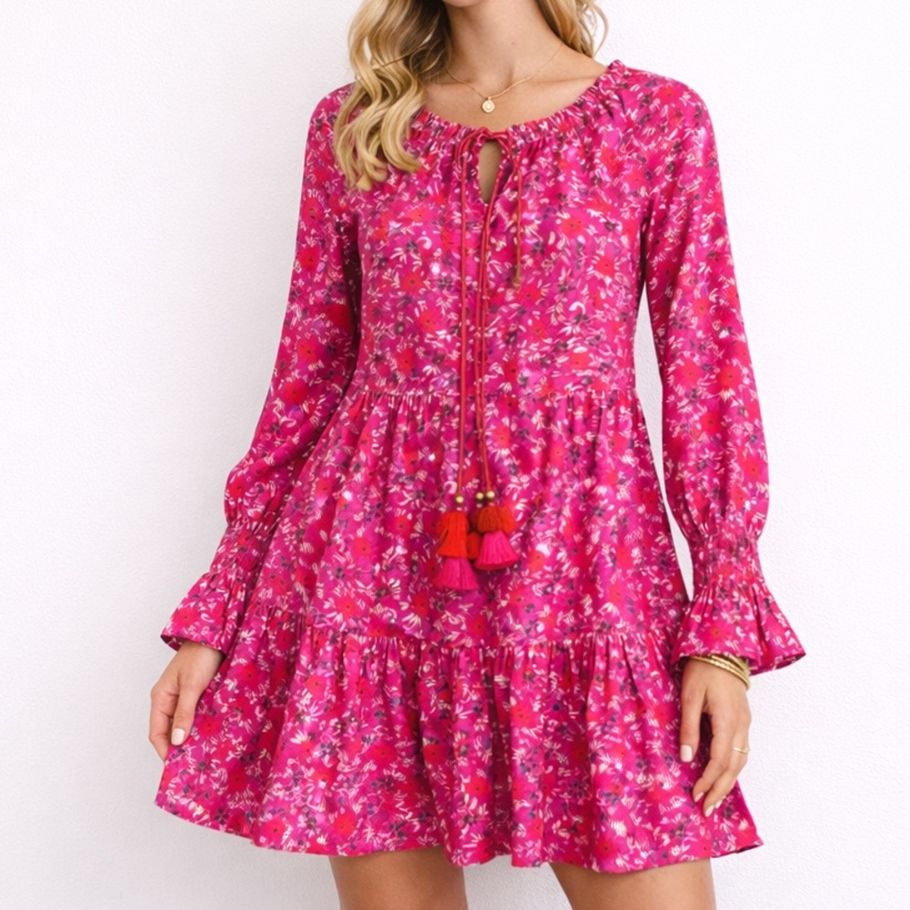 Figue Bella Short Dress Small Pink Floral Tiered Boho Tassel Mini Retail $395
